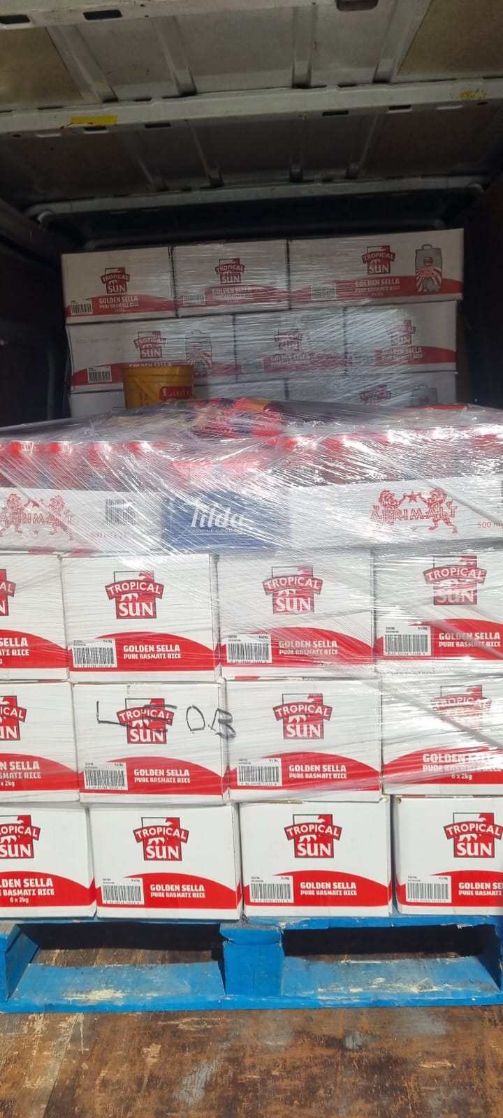 Pallet of food goods loaded in Precebol van, shipped from UK to Nigeria